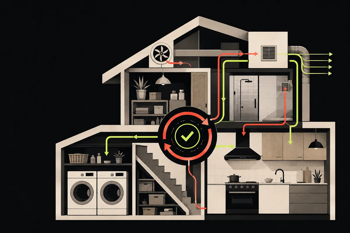Geometric cutaway illustration connecting laundry, kitchen, airflow, and home routines
